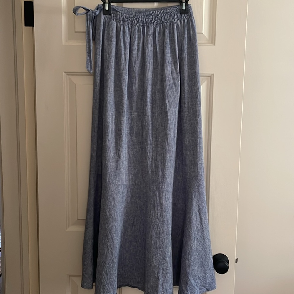 Express Chambray Denim Linen Blend Faux Wrap Maxi Skirt Size XS - Picture 5 of 11